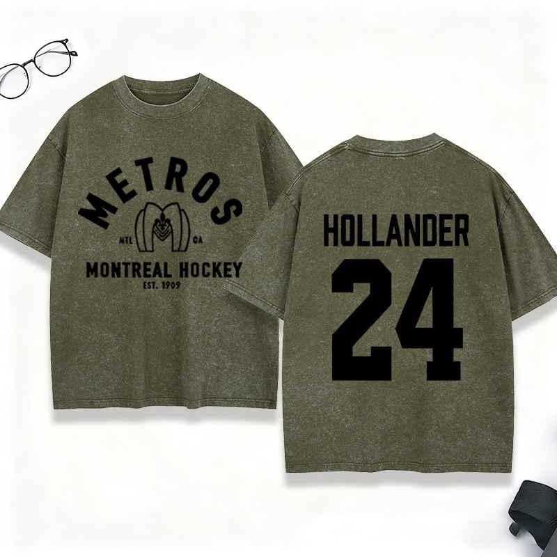 Personalized Hollander 24 HR Washed T-Shirt Vintage Hockey Player Tee for Ice Hockey Fans
