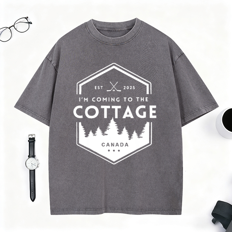 Personalized I'm Coming To The Cottage Canada Washed T-Shirt Forest and Hockey Graphic Tee for Hockey and Nature Lovers