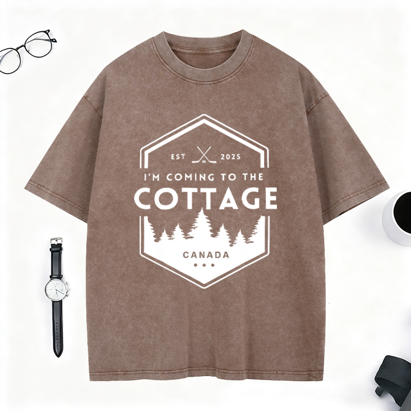 Personalized I'm Coming To The Cottage Canada Washed T-Shirt Forest and Hockey Graphic Tee for Hockey and Nature Lovers