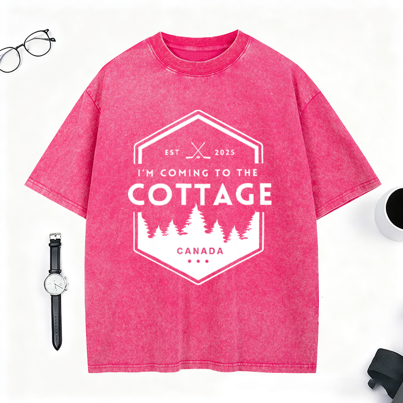 Personalized I'm Coming To The Cottage Canada Washed T-Shirt Forest and Hockey Graphic Tee for Hockey and Nature Lovers