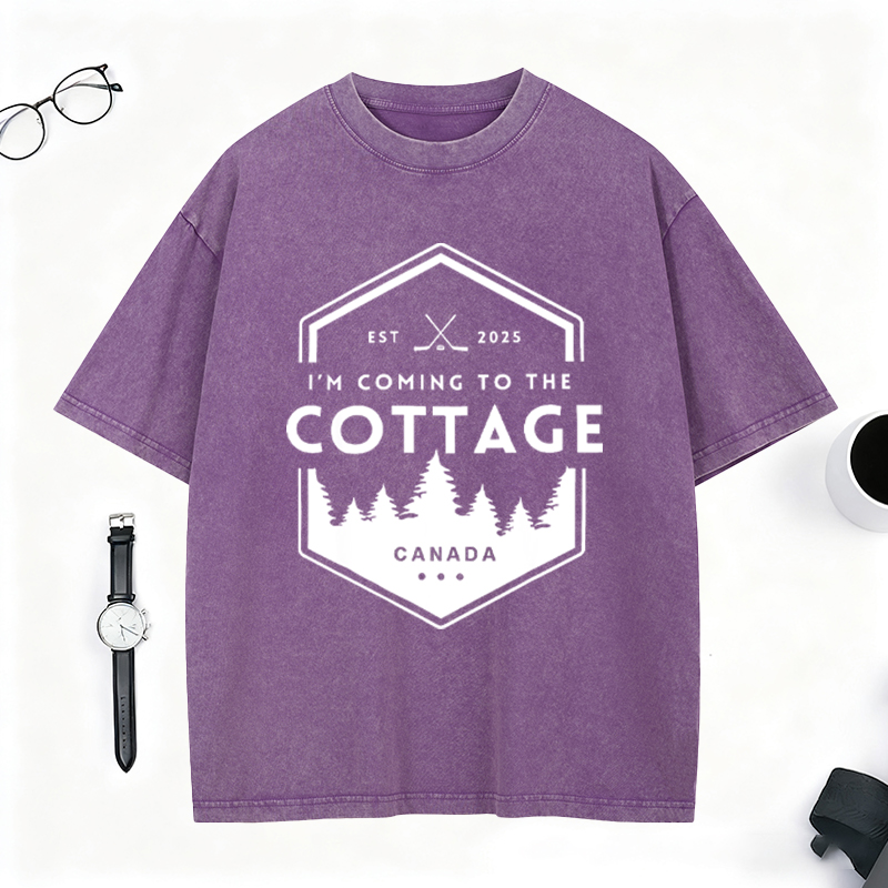 Personalized I'm Coming To The Cottage Canada Washed T-Shirt Forest and Hockey Graphic Tee for Hockey and Nature Lovers