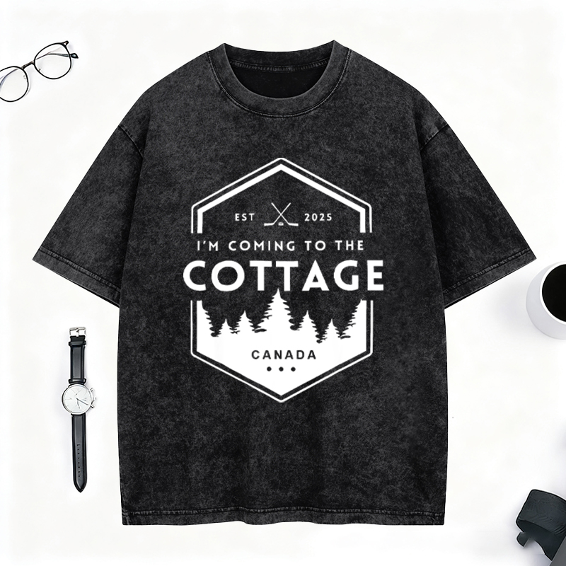 Personalized I'm Coming To The Cottage Canada Washed T-Shirt Forest and Hockey Graphic Tee for Hockey and Nature Lovers