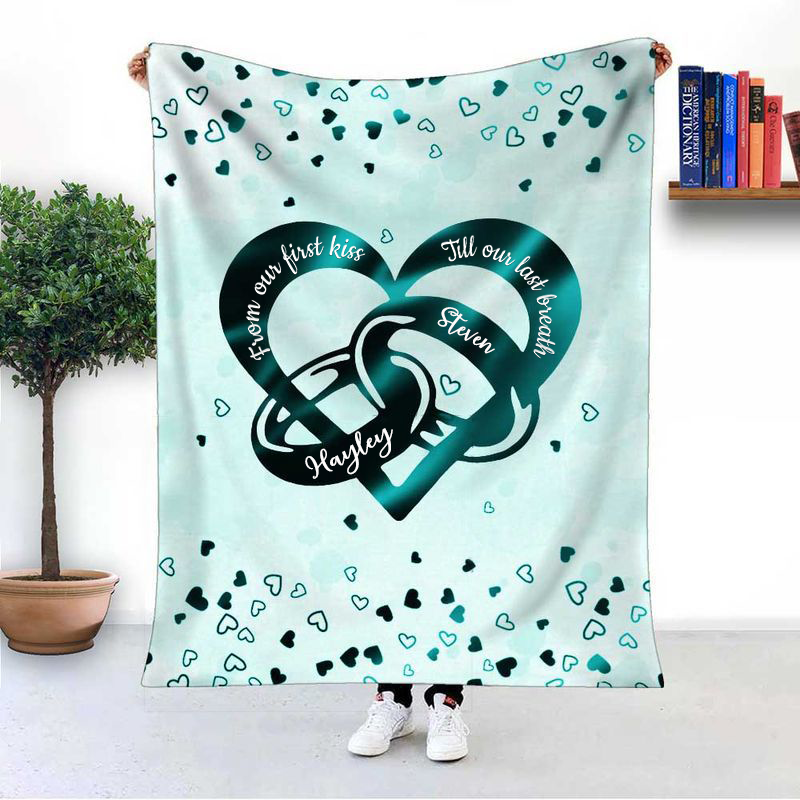 Personalized From Our First Kiss Till Our Last Breath Heart with Couple Rings Custom Valentine's Day Gift Blanket