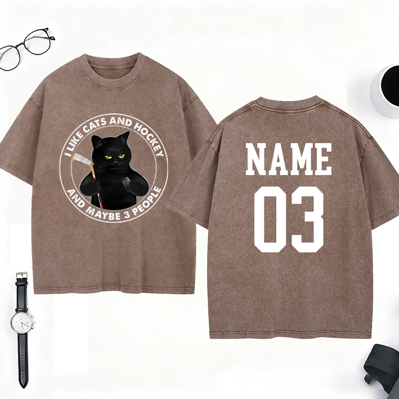 Personalized Funny Cat and Hockey Lover Washed T-Shirt with Custom Name and Number