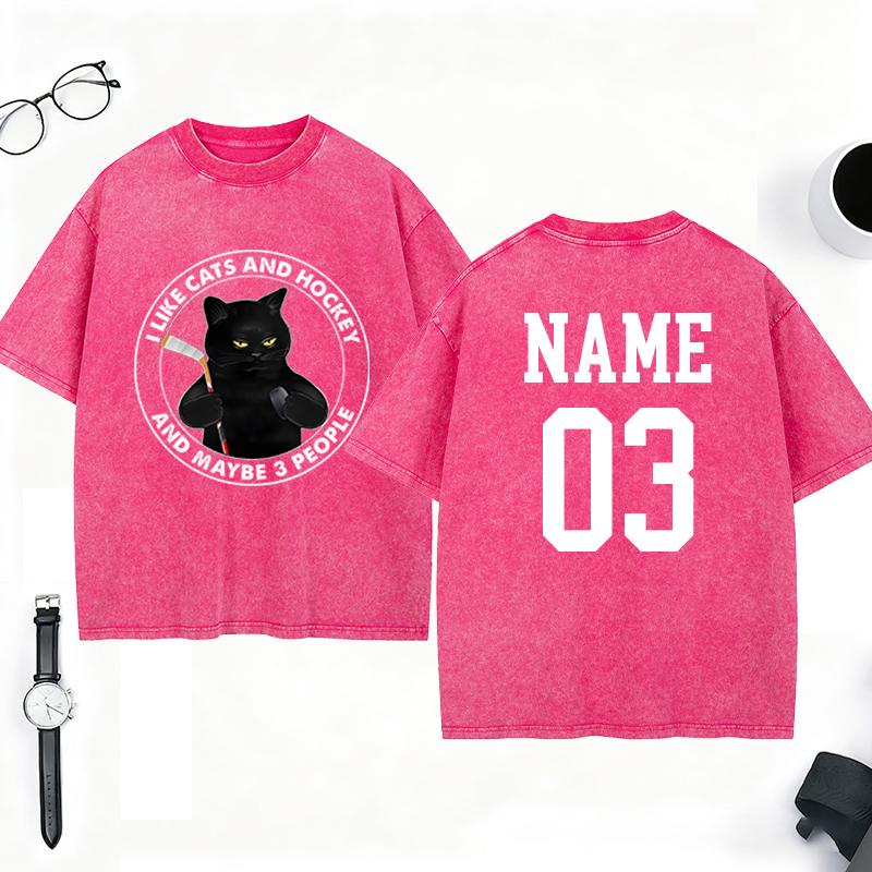 Personalized Funny Cat and Hockey Lover Washed T-Shirt with Custom Name and Number