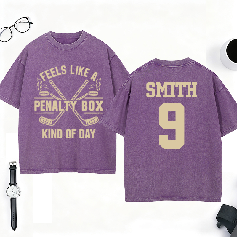 Personalized "Penalty Box Kind of Day" Hockey Washed T-Shirt with Custom Name and Number