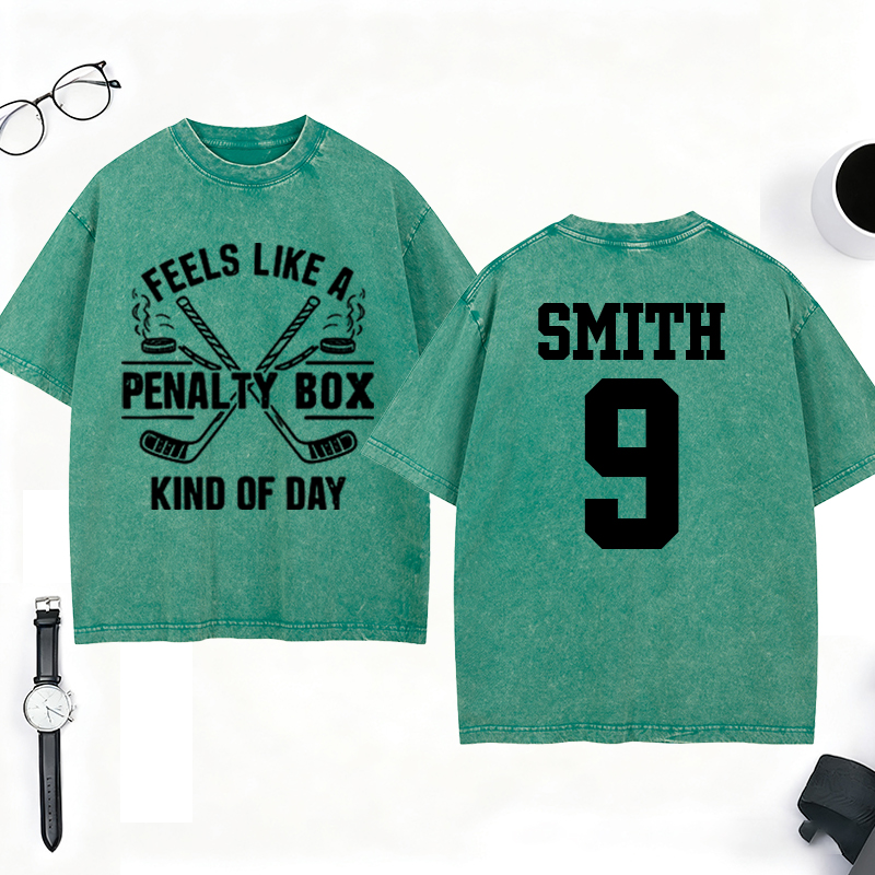 Personalized "Penalty Box Kind of Day" Hockey Washed T-Shirt with Custom Name and Number