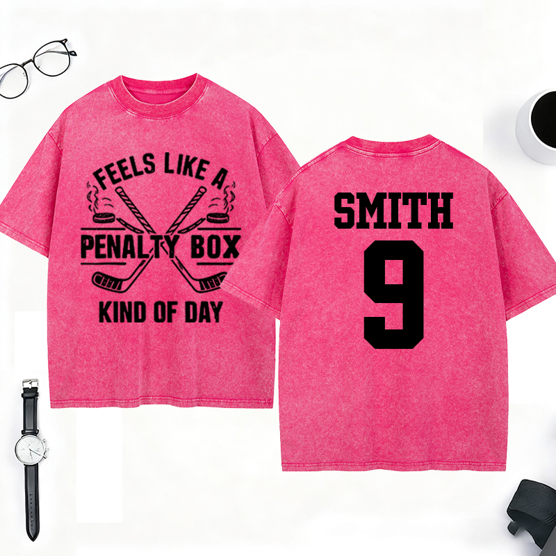 Personalized "Penalty Box Kind of Day" Hockey Washed T-Shirt with Custom Name and Number
