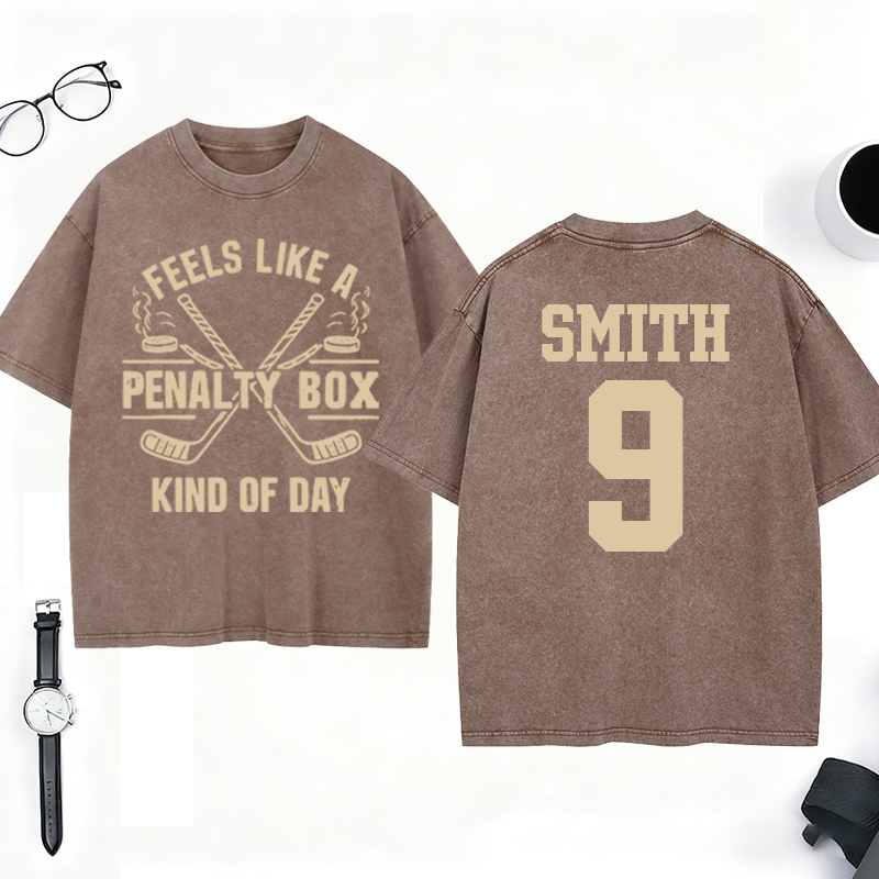 Personalized "Penalty Box Kind of Day" Hockey Washed T-Shirt with Custom Name and Number