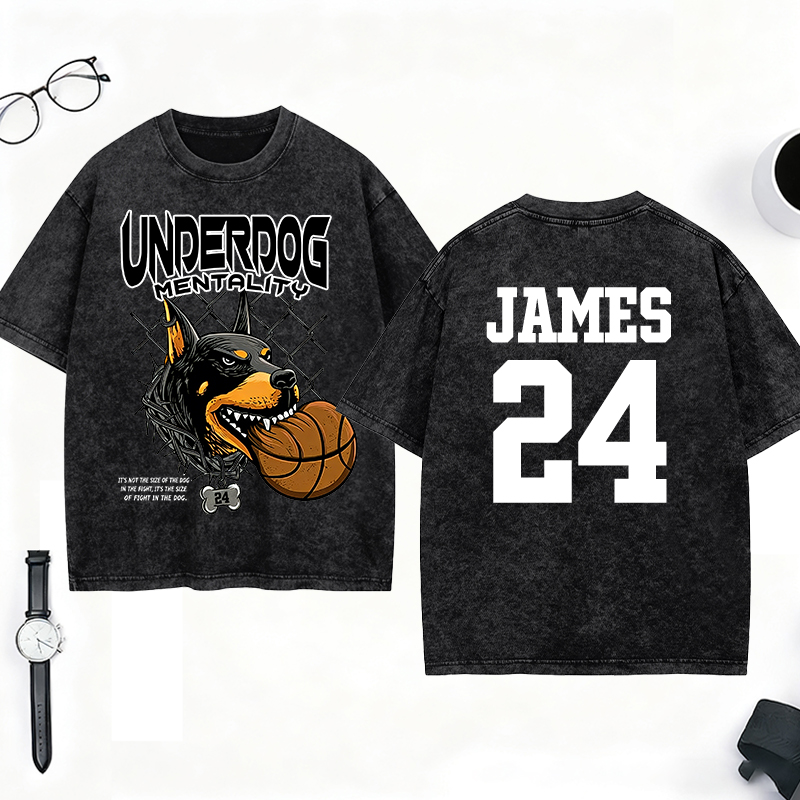Personalized Underdog Mentality Washed T-Shirt with Custom Name and Number for Basketball and Sports Lovers