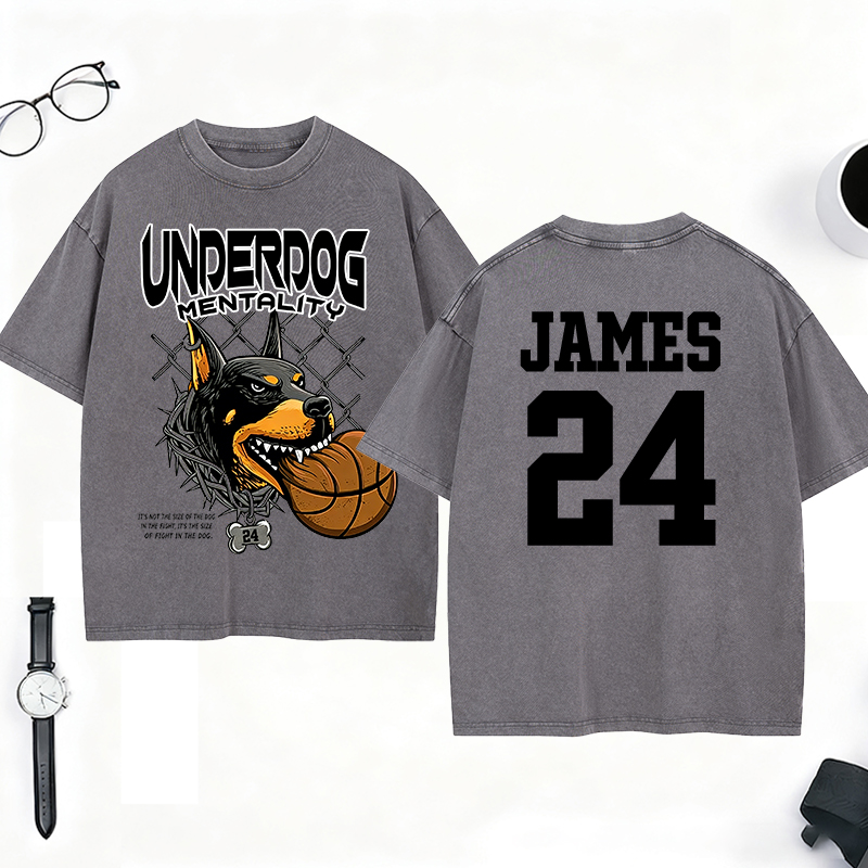 Personalized Underdog Mentality Washed T-Shirt with Custom Name and Number for Basketball and Sports Lovers
