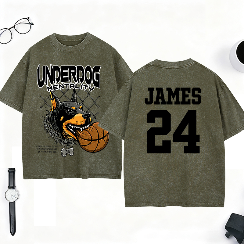 Personalized Underdog Mentality Washed T-Shirt with Custom Name and Number for Basketball and Sports Lovers