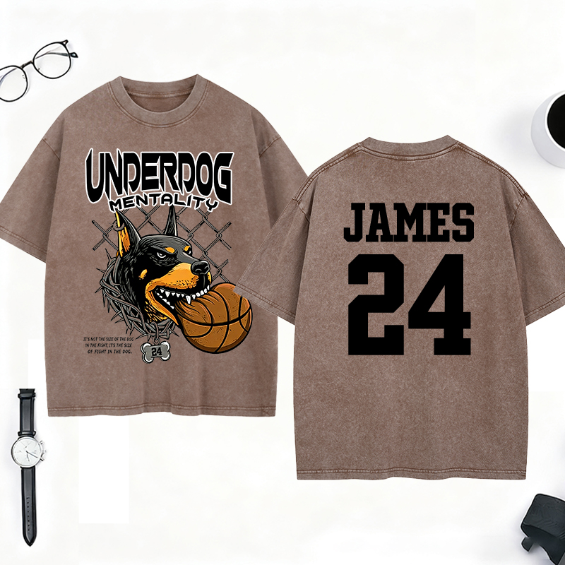 Personalized Underdog Mentality Washed T-Shirt with Custom Name and Number for Basketball and Sports Lovers