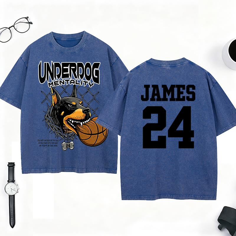 Personalized Underdog Mentality Washed T-Shirt with Custom Name and Number for Basketball and Sports Lovers
