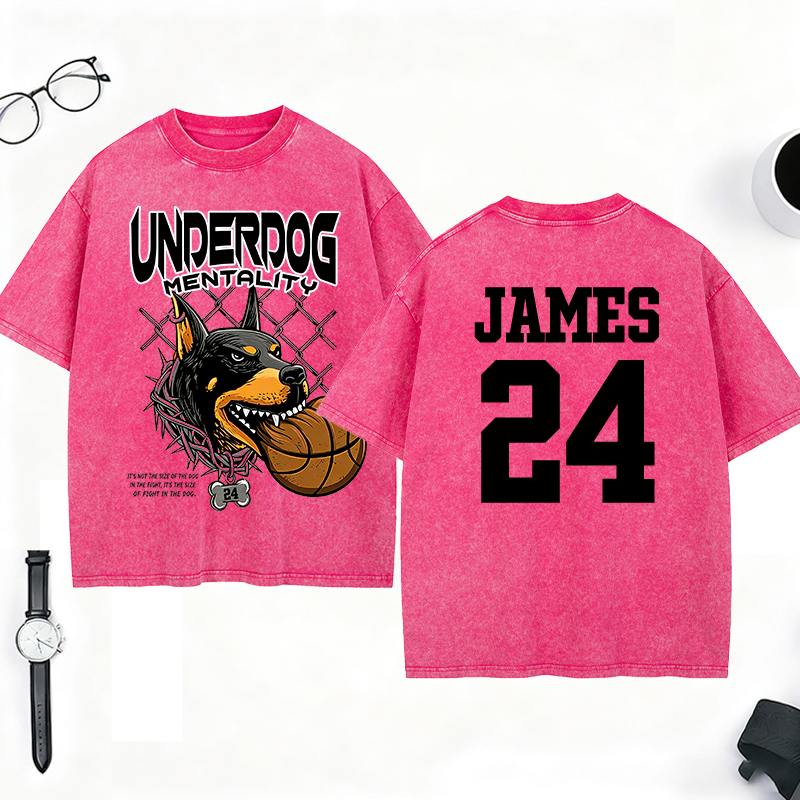Personalized Underdog Mentality Washed T-Shirt with Custom Name and Number for Basketball and Sports Lovers