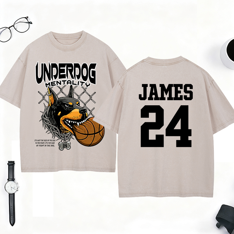 Personalized Underdog Mentality Washed T-Shirt with Custom Name and Number for Basketball and Sports Lovers