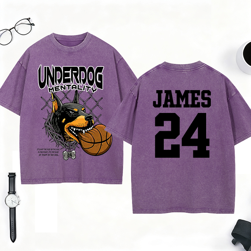 Personalized Underdog Mentality Washed T-Shirt with Custom Name and Number for Basketball and Sports Lovers