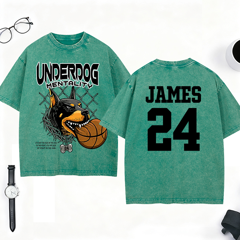 Personalized Underdog Mentality Washed T-Shirt with Custom Name and Number for Basketball and Sports Lovers