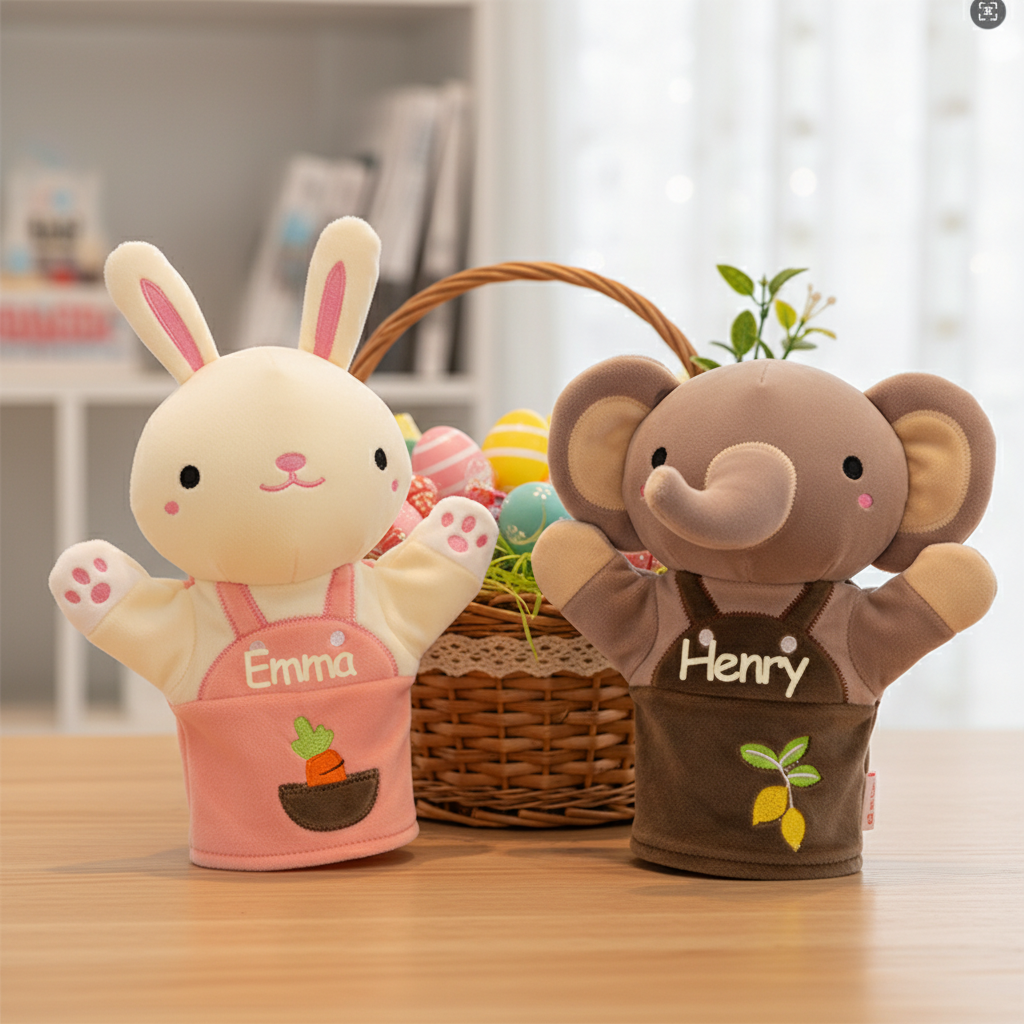 Personalized Bunny and Elephant Hand Puppet Custom Name Plush Toy  Easter Basket Stuffer for Kids Imaginative Play