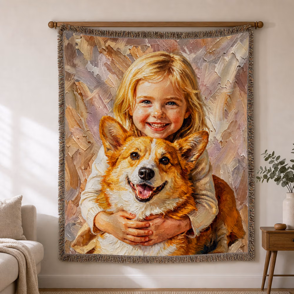 Personalized Pet Oil Painting Photo Tassel Soft Throw Blanket with Name Home Decor Birthday Gift for Pet Lover