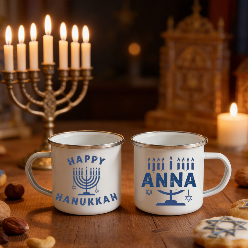 Personalized Hanukkah Menorah Campfire Enamel Mug with Custom Name Happy Hanukkah Gift for Jewish Gift for Campfire Adventurers Outdoor Enthusiasts