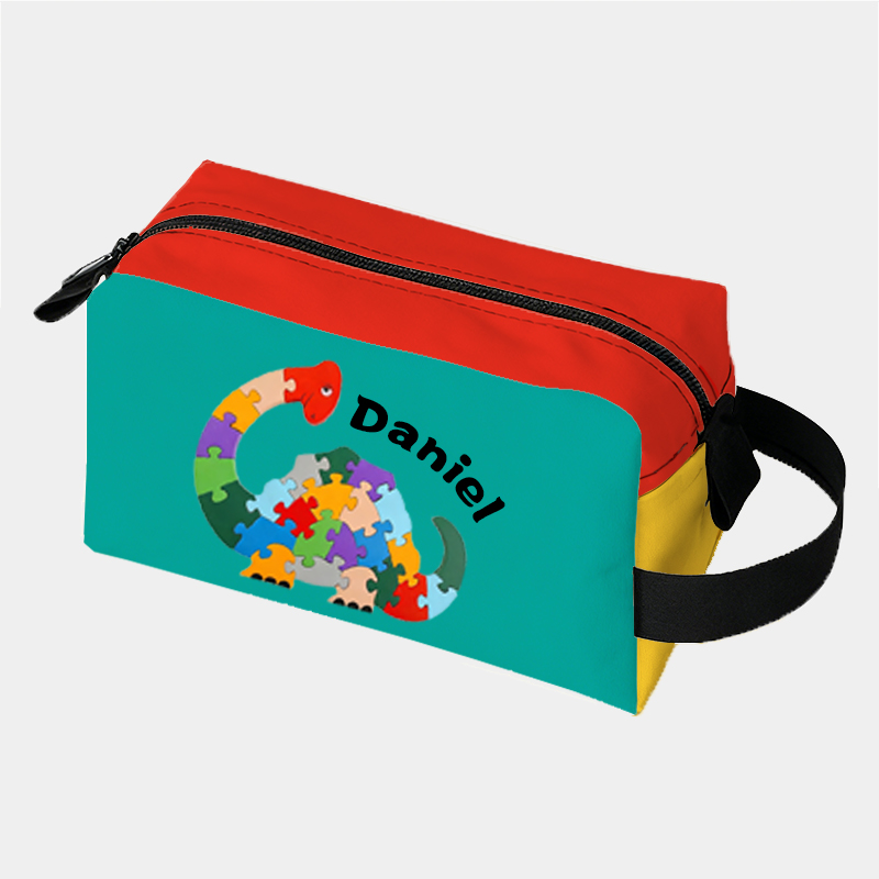 Personalized Cartoon Snail Dinosaur Puzzle Pattern Toiletry Bag Custom Name for Kids Travel Gifts and Daily Use