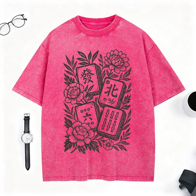 Retro Mahjong Floral Washed T-Shirt Gift for Mahjong Lovers