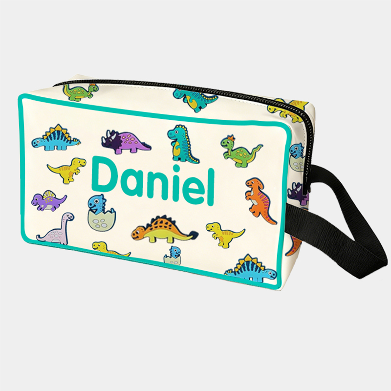 Personalized Cute Dinosaur Waterproof Toiletry Bag Custom Name for Kids Travel Gifts and Daily Use
