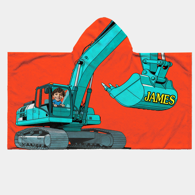 Personalized Vibrant Modern Excavator Print Hooded Blanket Custom Name and Photo Practical Fun Gift for Kids Indoor Outdoor