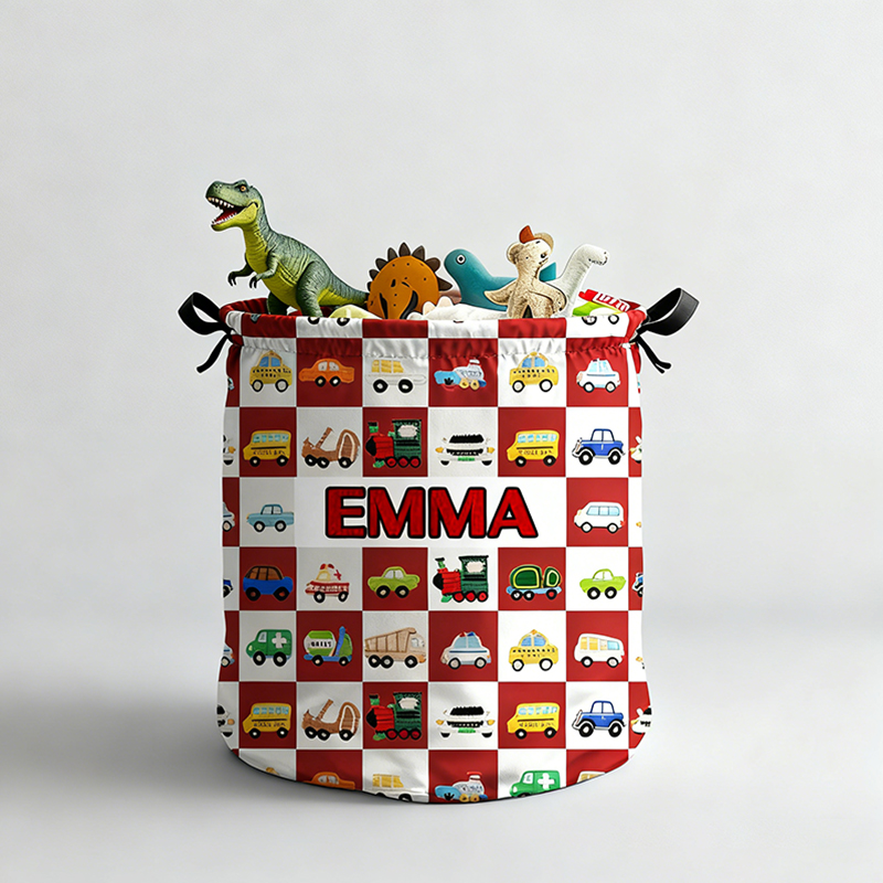 Personalized Cute Car Plaid Print Large Waterproof Laundry Storage Basket with Handle Custom Name Gift for Kids