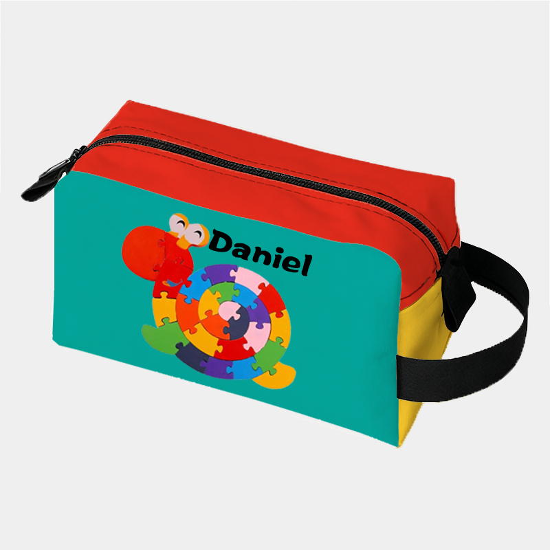Personalized Cartoon Snail Dinosaur Puzzle Pattern Toiletry Bag Custom Name for Kids Travel Gifts and Daily Use