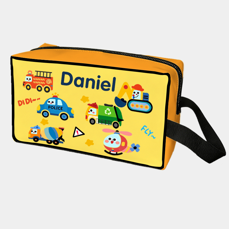 Personalized Cartoon Car Fun Color Block Toiletry Bag Custom Name for Kids Travel Gifts and Daily Use