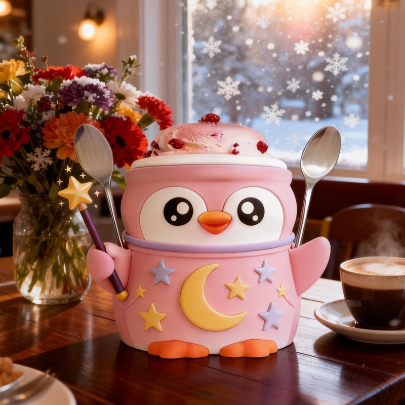 Night Theme Adorable Penguin with Moon and Stars Stand 3D Printed Cozy with Spoon Slot