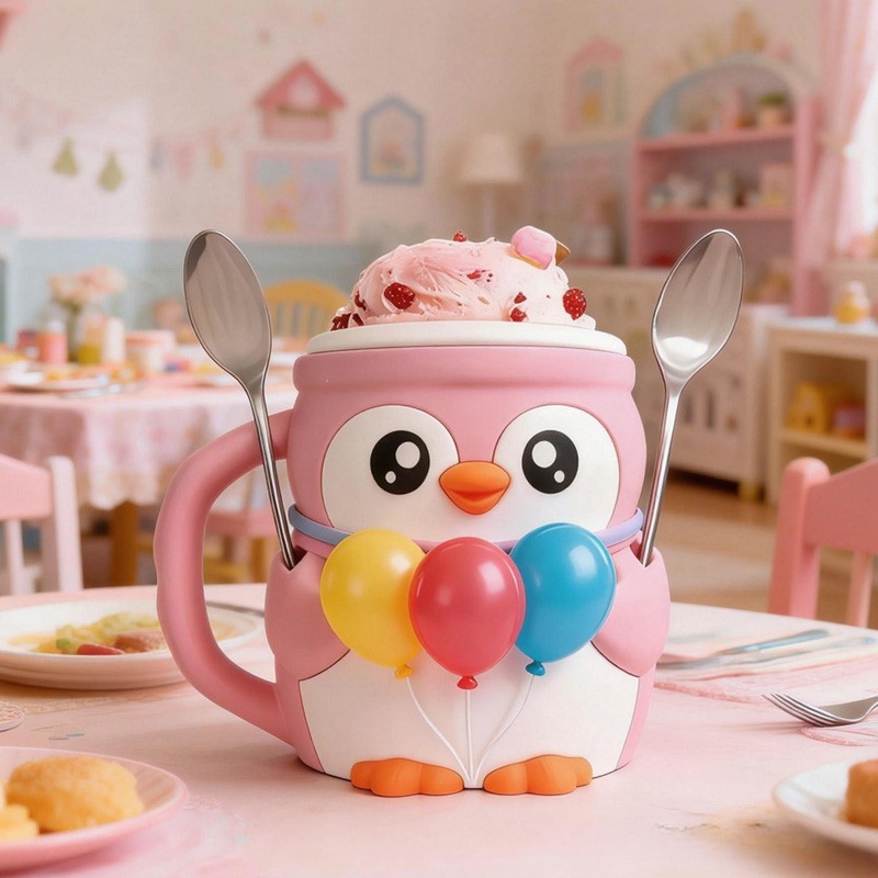 Theme Adorable Penguin with Balloons Dessert Stand 3D Printed Cozy with Spoon Slot