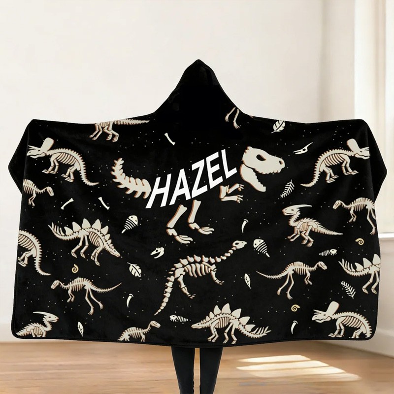 Personalized Dinosaur Fossil Soft Hooded Blanket with Name Daily Use Birthday Gift for Kids Teenagers Boys