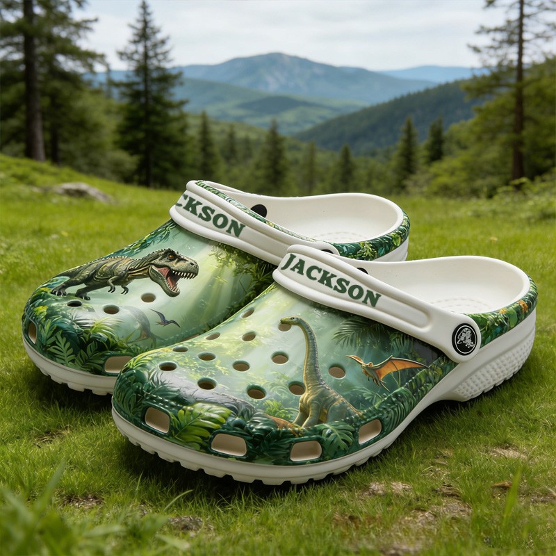 Personalized Dinosaur Theme Custom Name Green Jungle T Rex Pattern Adventure Kids Rubber Clogs