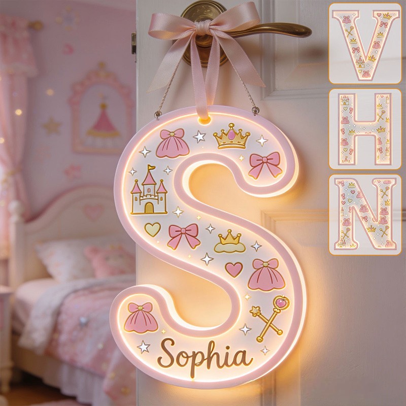 Personalized Princess Theme Custom Name Crown Castle and Bow Pattern Nursery LED Light Acrylic Sign
