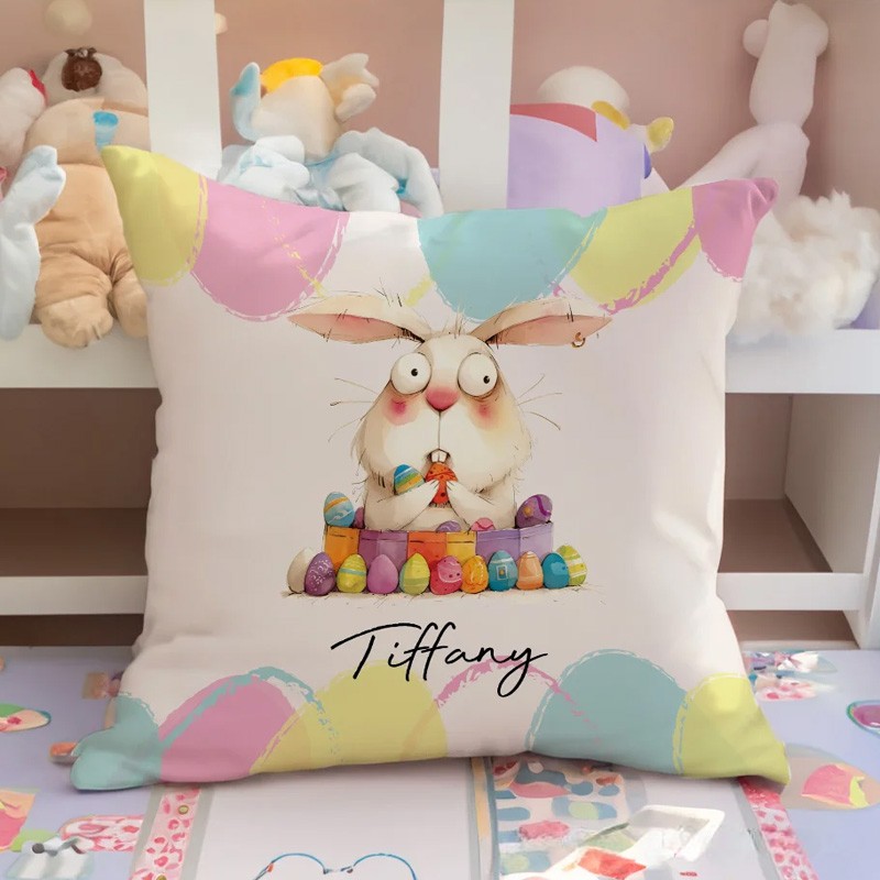 Personalized Quirky Easter Egg Bunny Soft Throw Pillow Cover with Name Easter Party Home Decor Gift for Kids