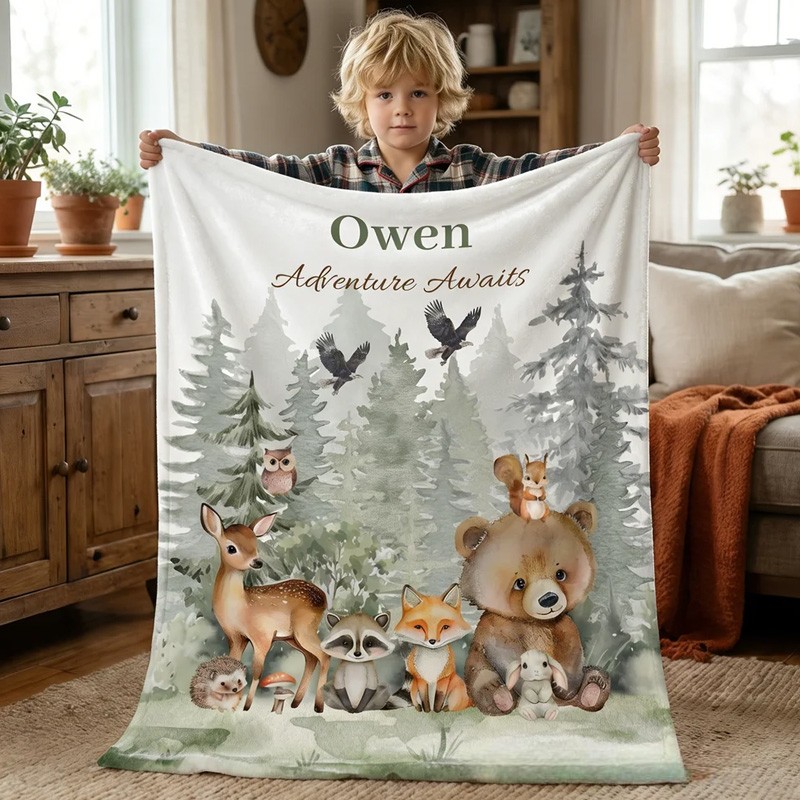 Personalized Watercolor Jungle Animals Soft Throw Blanket with Name and Text Home Decor Birthday Gift for Baby Baby Shower Gift