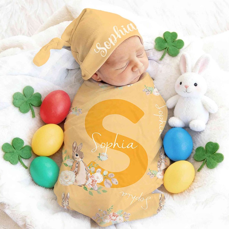 Personalized Name Peter Rabbit Bunny Alphabet Receiving Blanket with Hat Swaddle Hat Set for Baby Girl Boy Birthday Baby Shower Easter Gift for Newborns