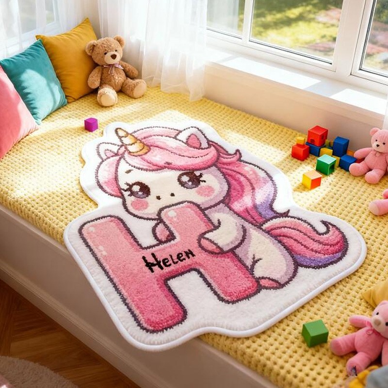 Personalized Fantasy Dream Horse Theme Custom Name Charming Pink Outline Style Carpet Rug for Kids