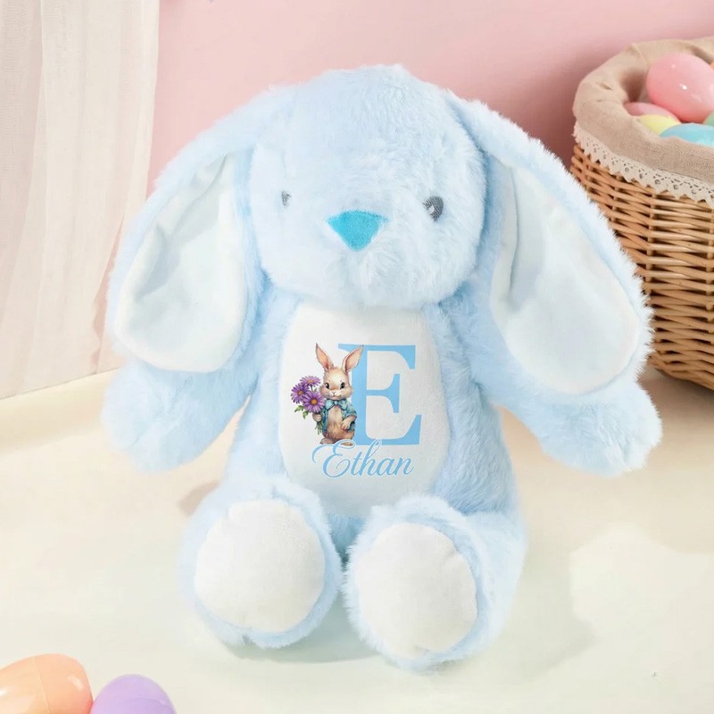 Personalized Cute Rabbit Plush Easter Bunny Stuffed Toy with Initial Name and Birth Flower Easter Gift for Newborns Kids