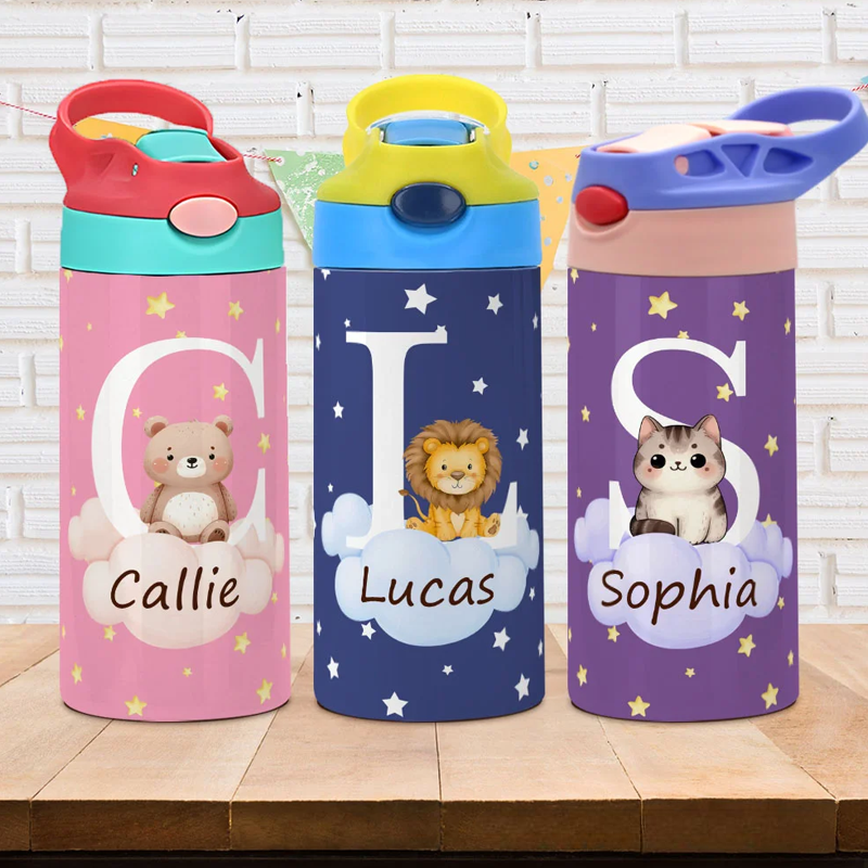 Personalized Initial Cute Forest Animal 12oz Kid Insulated Name Water Bottle with Handle and Silicone Straw Birthday Back To School Gift 