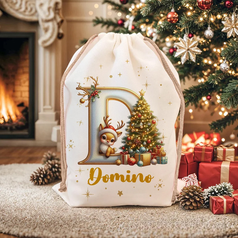 Personalized Cute Cartoon Elk Christmas Tree Initial Canvas Drawstring Gift Bag with Name Christmas Gift for Friends Family