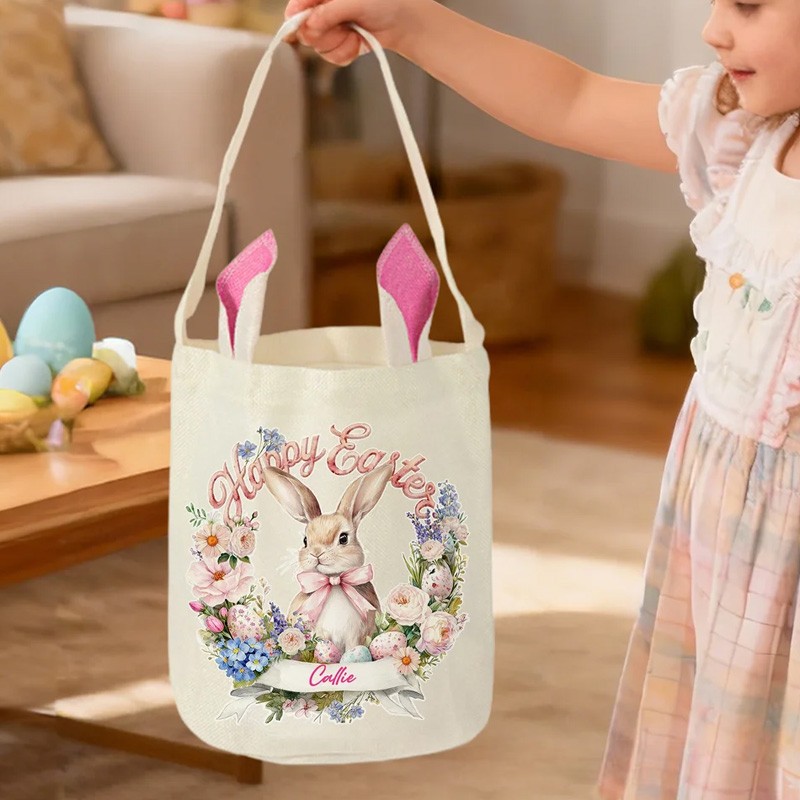 Personalized Wreath Cartoon Rabbit Easter Basket with Name and Bunny Ears Egg Hunting Accessory Easter Gift for Kids