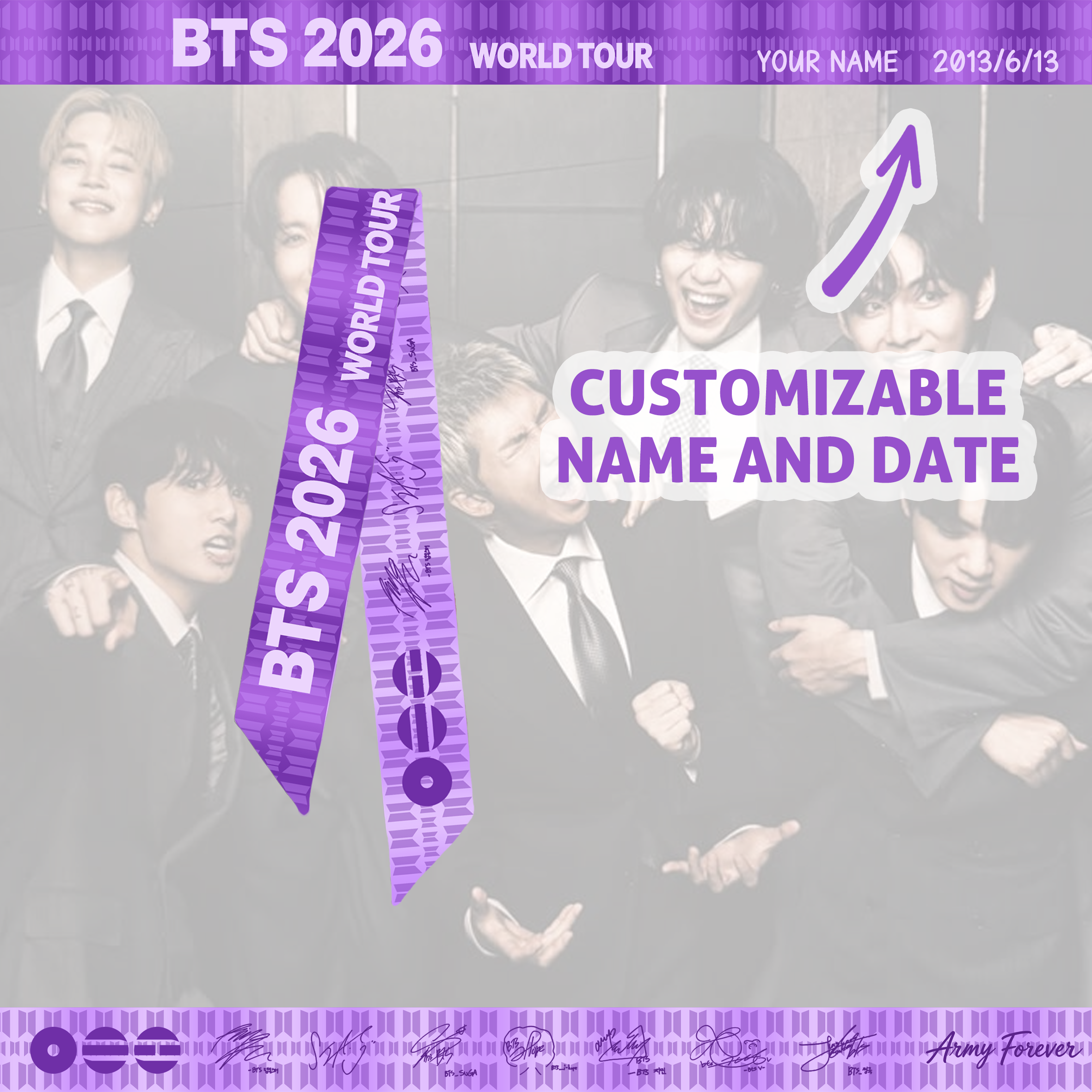 Personalized ARIRANG Tour World Tour Headbands Scarves Custom Name and Date 2026 Concert Kpop Army Merch B.T.S Kpop Army Concert BTS BangTan Boy Kpop Girls Gift for Fans