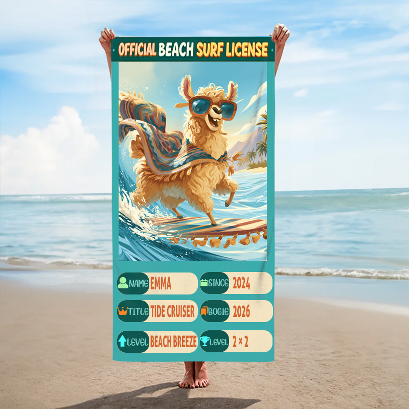 Personalized Official Beach Surf License Animals Surfing Kids Personalized Name Towel Fun Ocean Wave Summer Gift