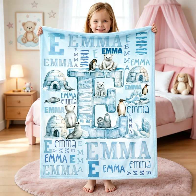 Personalized Arctic Adventure Kids Name Blanket With Polar Bears Penguins Igloos And Icy Letter 