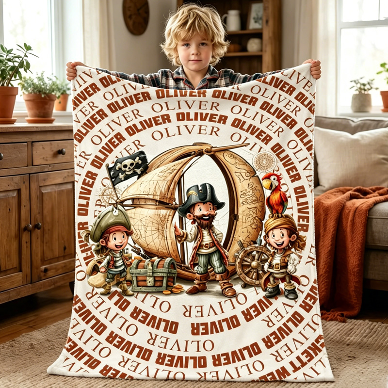 Personalized Pirate Adventure Kids Name Blanket With Ship Treasure Chest And Little Pirate Crew