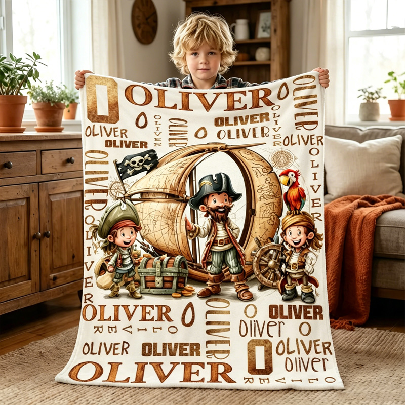 Personalized Pirate Adventure Kids Name Blanket With Ship Little Pirat